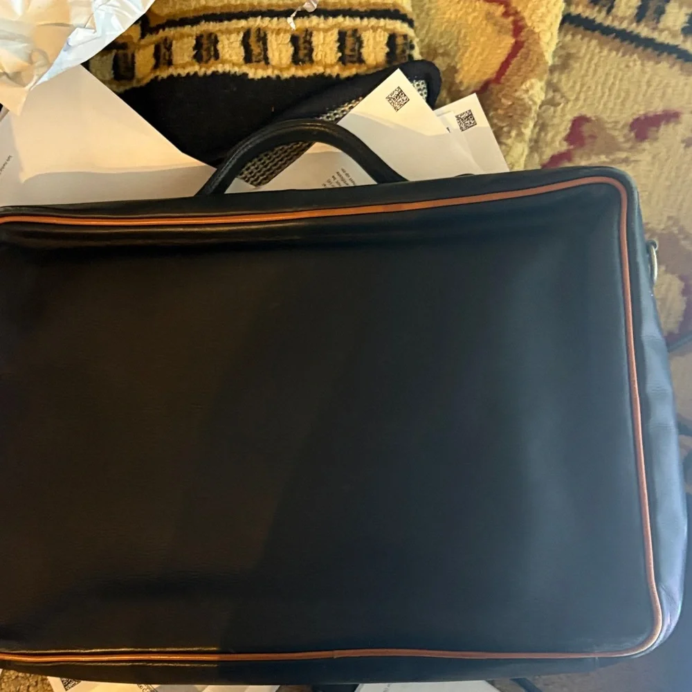 Bally Black‎ Leather Laptop Briefcase with Brown Trim